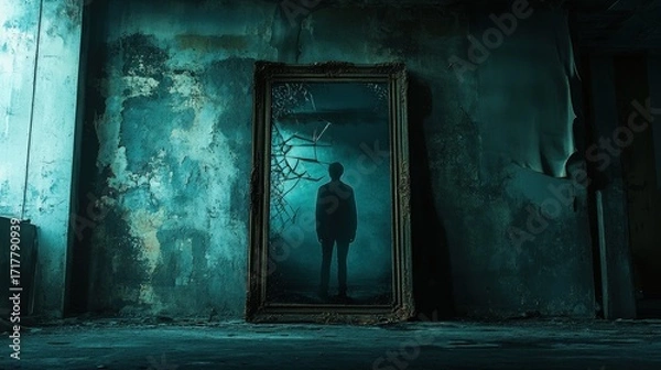Fototapeta A mysterious figure stands before an ornate mirror in a dimly lit, decaying space, evoking themes of reflection and isolation.