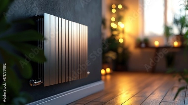 Fototapeta A modern radiator stands against a dark wall, surrounded by plants and warm candlelight, creating a cozy and inviting atmosphere.