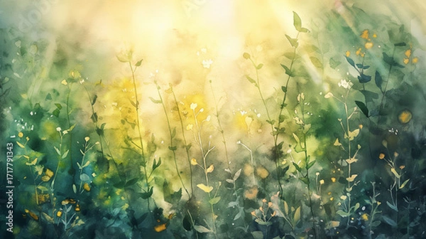 Fototapeta Concept of Day 3 Land and Vegetation, watercolor illustration of green plants and sunlight symbolizing creation. Biblical artwork of genesis, spirituality, divine life, nature and sacred inspiration.