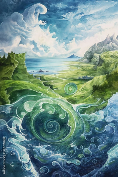 Fototapeta Watercolor abstract illustration of moon above ocean waves, symbolic concept of celestial creation, spirituality, cosmic energy. Artistic painting for inspiration, meditation and divine biblical art.