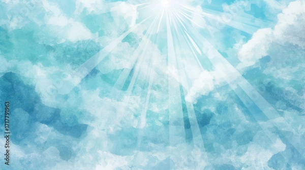 Fototapeta Concept of Day 7 Rest and Holiness, watercolor illustration of calm sky with divine light over still waters. Spiritual symbolic artwork of Sabbath, peace, sacred creation, faith and eternity.