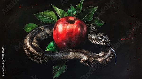 Fototapeta Concept of forbidden fruit and temptation, watercolor illustration of serpent coiled around red apple with green leaves, symbolic biblical artwork of Eden, spirituality, sin, mythology, divine story.