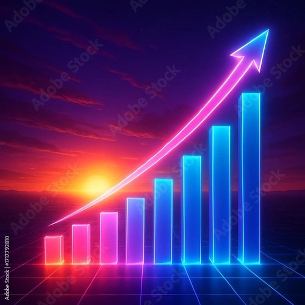 Fototapeta Neon graph illustration showing upward trend with vibrant sunset background and grid