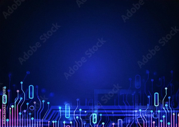 Fototapeta Tech-inspired background, dark gradient with neon circuit lines at the bottom edge