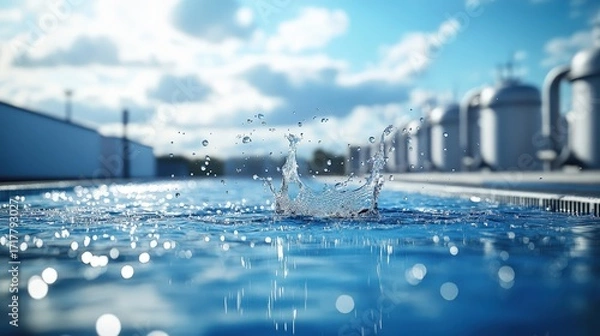 Fototapeta A splash of water creates ripples in a serene pool, with blurred industrial structures visible in the background under a bright, blue sky.
