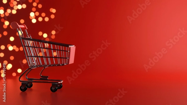 Fototapeta shopping cart sits against a vibrant red background, adorned with glowing bokeh lights, evoking a festive shopping atmosphere.