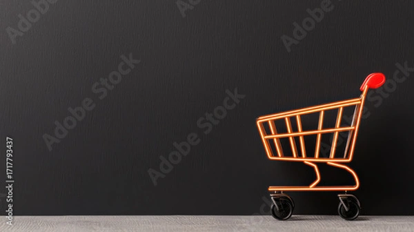 Fototapeta  bright red shopping cart stands against a dark textured wall, creating a striking minimalist visual contrast.