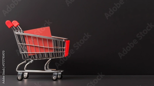 Fototapeta  small shopping cart with red handles and a red card inside, set against a dark background, creating a minimalist and modern aesthetic.