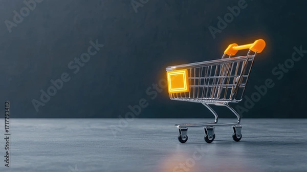 Fototapeta  shiny shopping cart with orange accents sits against a dark background, symbolizing retail and consumerism in a modern, minimalistic setting.
