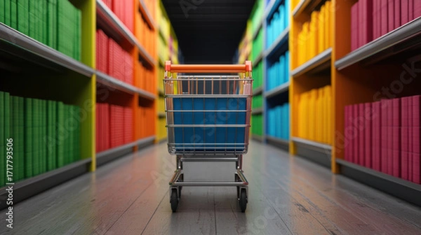 Fototapeta  shopping cart stands in a vibrant aisle filled with colorful books, creating a playful and inviting atmosphere.