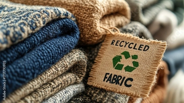 Fototapeta A close-up of folded fabric with a tag that reads "Recycled Fabric," emphasizing sustainable textile practices.