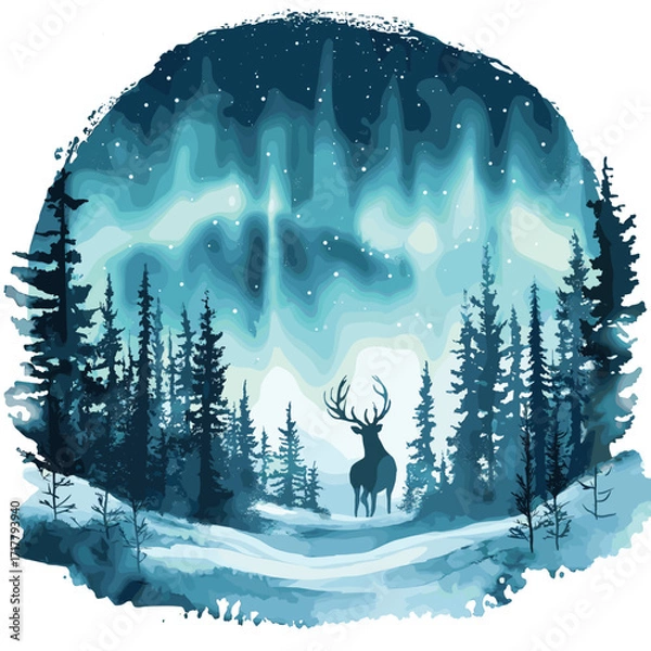 Fototapeta Northern Lights in Lapland. Northern Lights in Lapland watercolor vector illustration