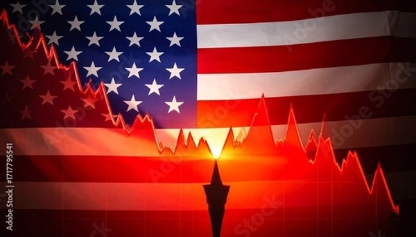 Fototapeta American flag with falling stock graph