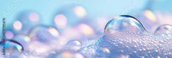 Fototapeta A close-up view of iridescent soap bubbles resting on soft foam, creating a dreamy, colorful atmosphere against a light background.