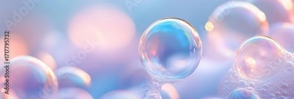 Fototapeta A close-up view of colorful soap bubbles, reflecting light and creating a soft, dreamy atmosphere against a pastel background.