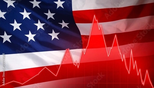 Fototapeta American flag with falling stock graph