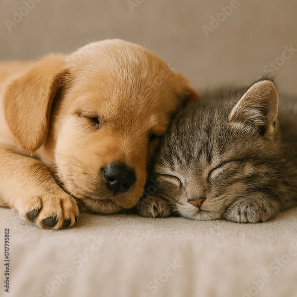 Fototapeta cat and dog, puppy and kitten, sleeping together AI generated
