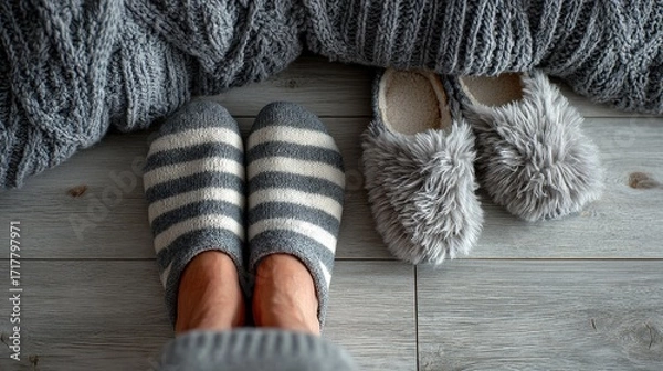 Fototapeta Cozy scene featuring striped slippers and fluffy booties on a wooden floor, evoking warmth and comfort in a relaxed setting.