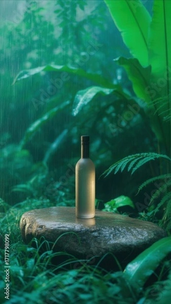 Fototapeta Ethereal bottle presentation in a lush rainforest setting during a calming rain shower evokes nature's purity for sustainable brand marketing campaigns