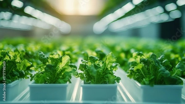 Fototapeta A vibrant indoor farm showcasing rows of fresh lettuce growing under bright lights, highlighting modern agricultural practices.