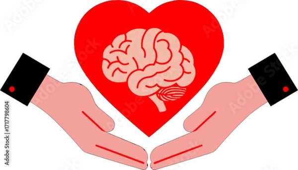 Fototapeta Vector illustration of hands protecting a healthy brain within a heart, symbolizing mental health and well-being