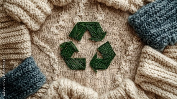 Fototapeta A cozy arrangement of knitted fabrics forms a circular frame around a green recycling symbol, emphasizing sustainability and eco-friendliness.