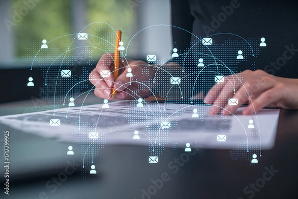 Fototapeta Global communication network visualized over businesswoman writing on document.