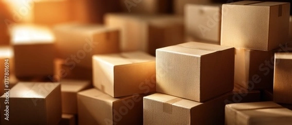 Fototapeta Stacked Cardboard Boxes in a Fulfillment Center at Sunset Glow