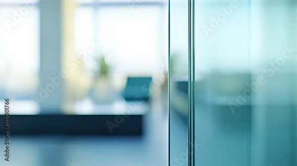 Fototapeta A modern, blurred interior featuring a glass partition and soft furniture, creating a serene and professional atmosphere.
