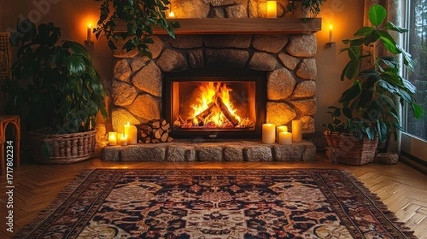 Fototapeta A cozy living room featuring a stone fireplace, flickering flames, plants, candles, and a decorative rug, creating a warm and inviting atmosphere.