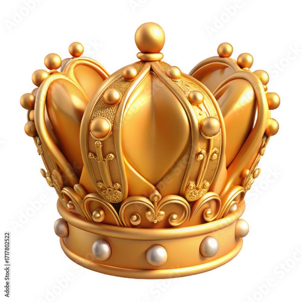 Fototapeta Detailed 3d rendering of an ornate golden regal crown with pearls isolated on white background