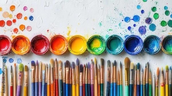 Fototapeta A vibrant arrangement of paint pots and brushes, showcasing a spectrum of colors ideal for artistic creativity and expression.