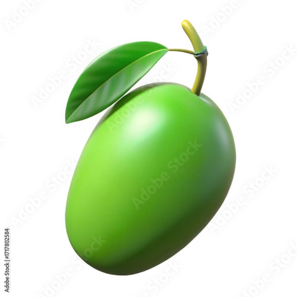 Fototapeta Fresh green mango fruit with stem and leaf isolated studio shot isolated on white background