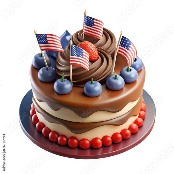 Fototapeta Decadent multi-layered chocolate cake decorated with american flags blueberries and red berries isolated on white background