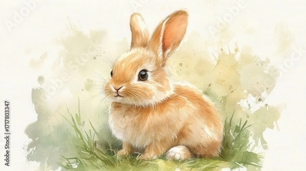 Fototapeta A cute, fluffy rabbit sits gracefully in a grassy area, surrounded by soft watercolor splashes, embodying a serene and whimsical charm.