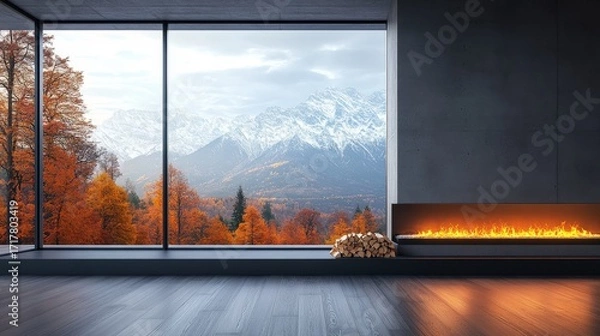 Fototapeta Modern interior with large windows showcasing autumn mountains and a cozy fireplace, blending nature and architecture harmoniously.