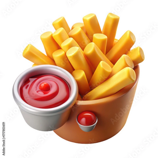 Fototapeta Top down view of a generous pile of crispy french fries with ketchup sauce isolated on white background