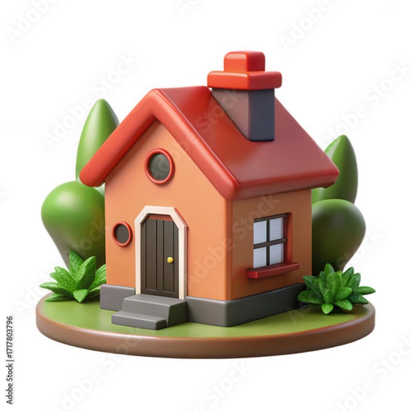 Fototapeta Charming cartoon house with lush green trees and bushes on a round base isolated on white background