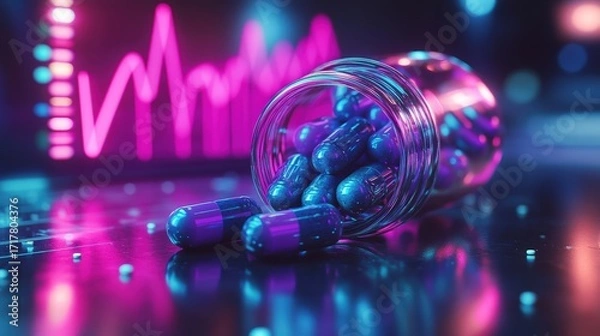 Fototapeta A vibrant jar spills colorful capsules, set against a backdrop of glowing graphs, symbolizing health and technology.