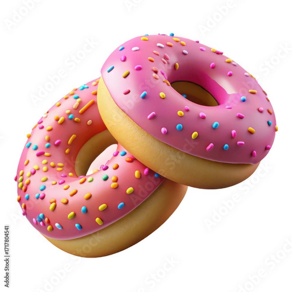 Fototapeta Two delicious pink frosted donuts with colorful sprinkles captured in mid-air isolated on white background