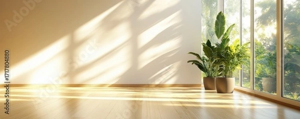 Fototapeta A serene room with wooden flooring, large windows, and sunlight filtering in, highlighting a green potted plant.