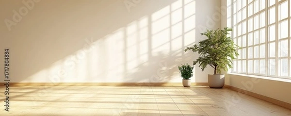 Fototapeta A serene, sunlit room featuring two potted plants, large windows casting shadows on a wooden floor, creating a peaceful atmosphere.