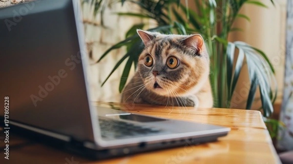 Obraz Paws and Pixels: A Surprised Cute Cat Gazes at the Laptop Screen on a Wooden Table