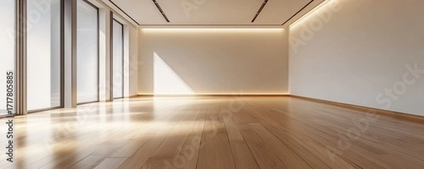 Fototapeta A bright, empty room featuring wooden flooring, large windows, and soft lighting, creating a minimalist and modern aesthetic.