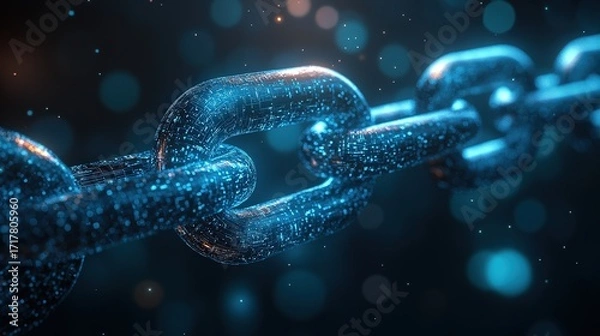 Fototapeta A close-up view of a glowing digital chain link, showcasing intricate details against a blurred blue background, symbolizing connectivity and technology.