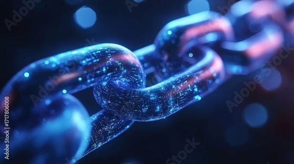 Fototapeta A close-up view of a futuristic metallic chain with glowing elements, symbolizing connectivity and technology.