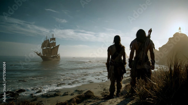 Fototapeta Two warriors standing on the shore, watching an old sailing ship