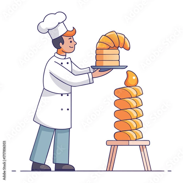 Fototapeta Creative vector illustration of a male chef stacking croissants into a tower, fun bakery concept art with clean background.
