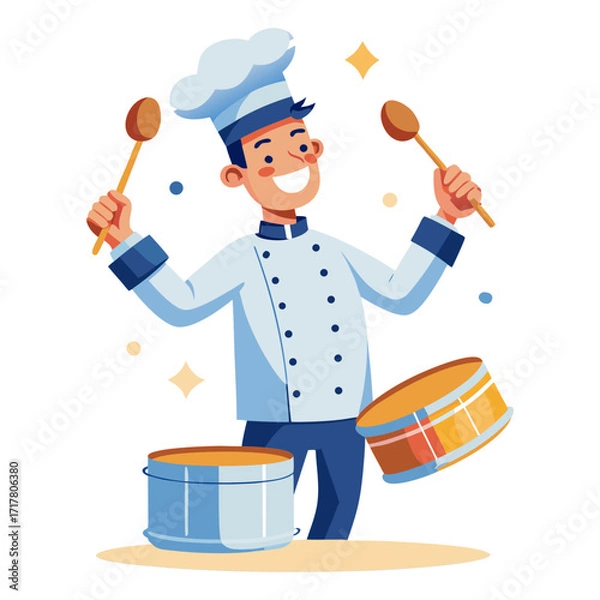 Fototapeta Creative vector illustration of a happy male chef playing drums with saucepans, fun culinary music concept, clean white background
