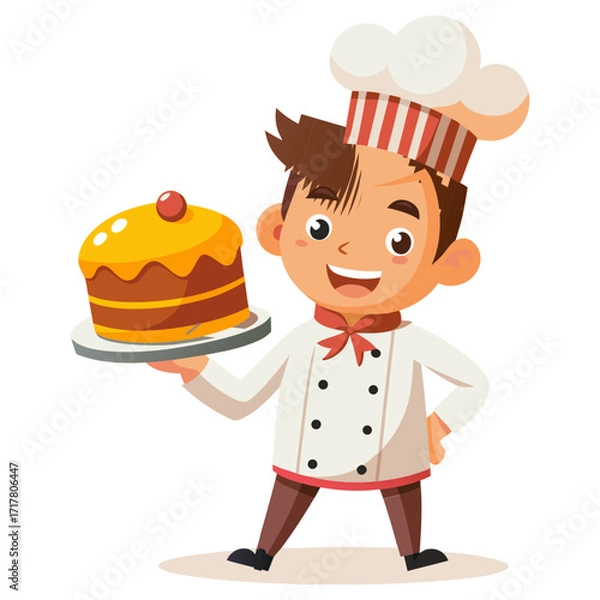 Fototapeta Funny male chef holding oversized cake slice, whimsical bakery illustration, cooking vector, dessert design, cartoon chef, sweet treat art